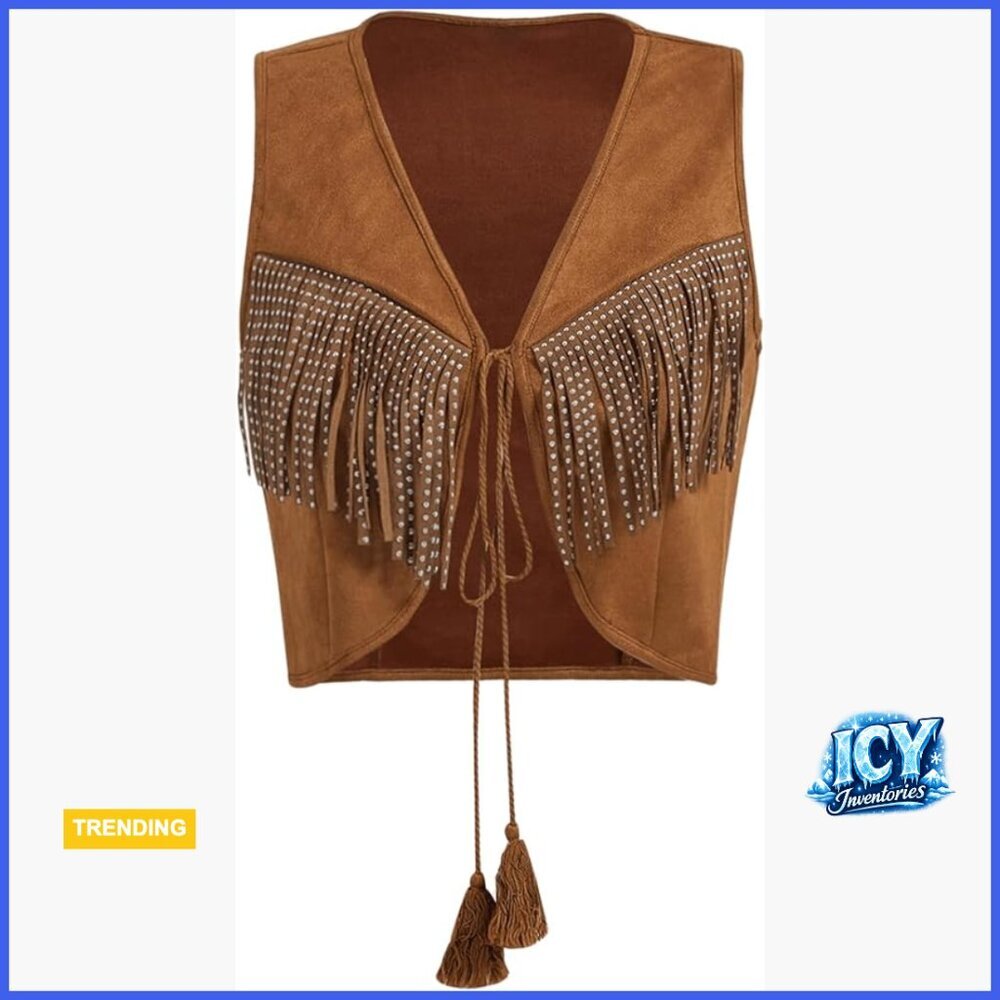 Studded Fringe Trim Tie Front Vest Top Boho Western Sleeveless Jacket